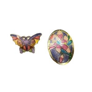 2 Vintage Multicolor Cloisonné Enamel Gold‎ Tone Pin Brooches Butterfly & Flower